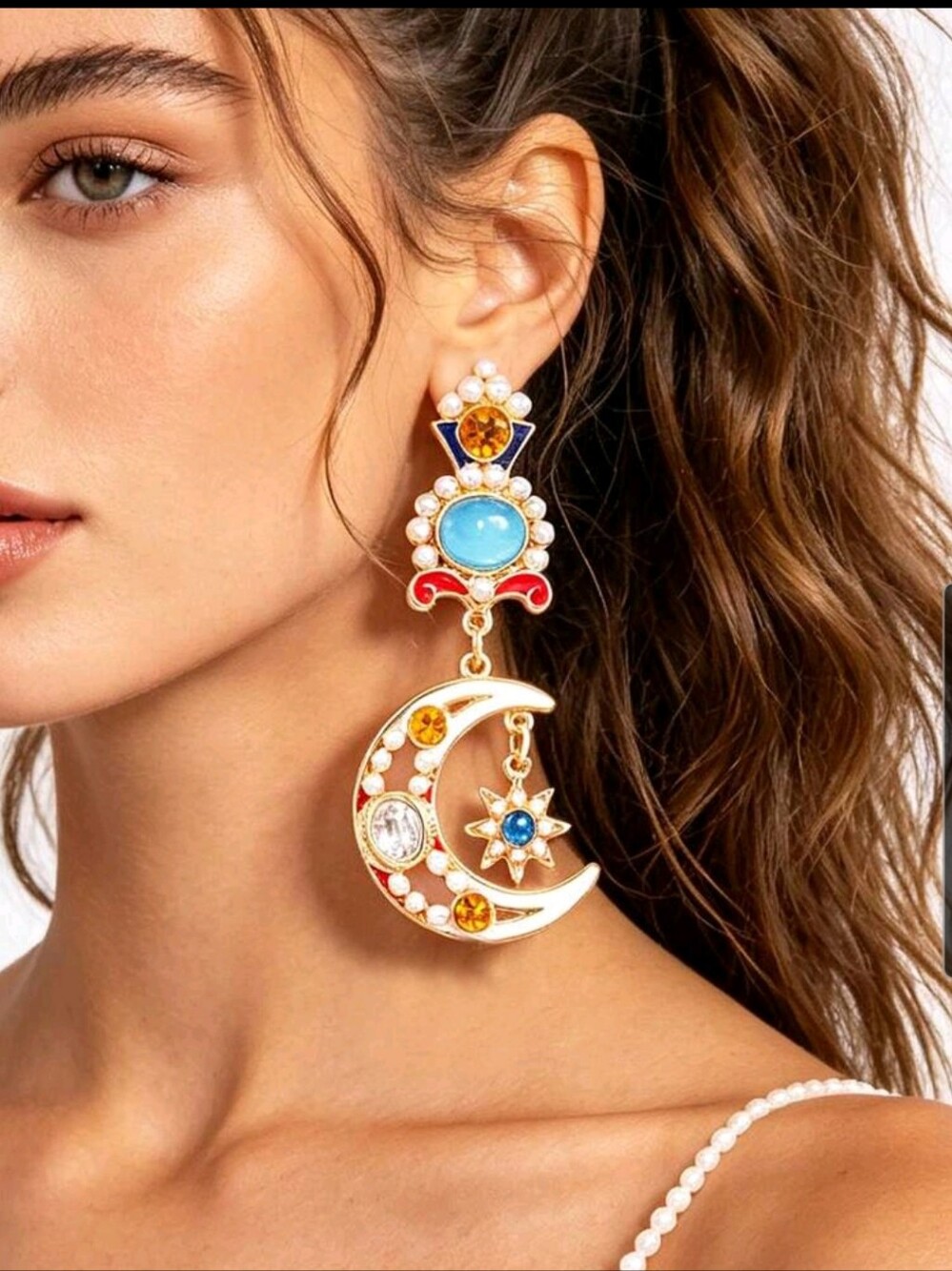 BRAND NEW ** Gold Moon & Star Drop Earrings with Blue and Amber Accents